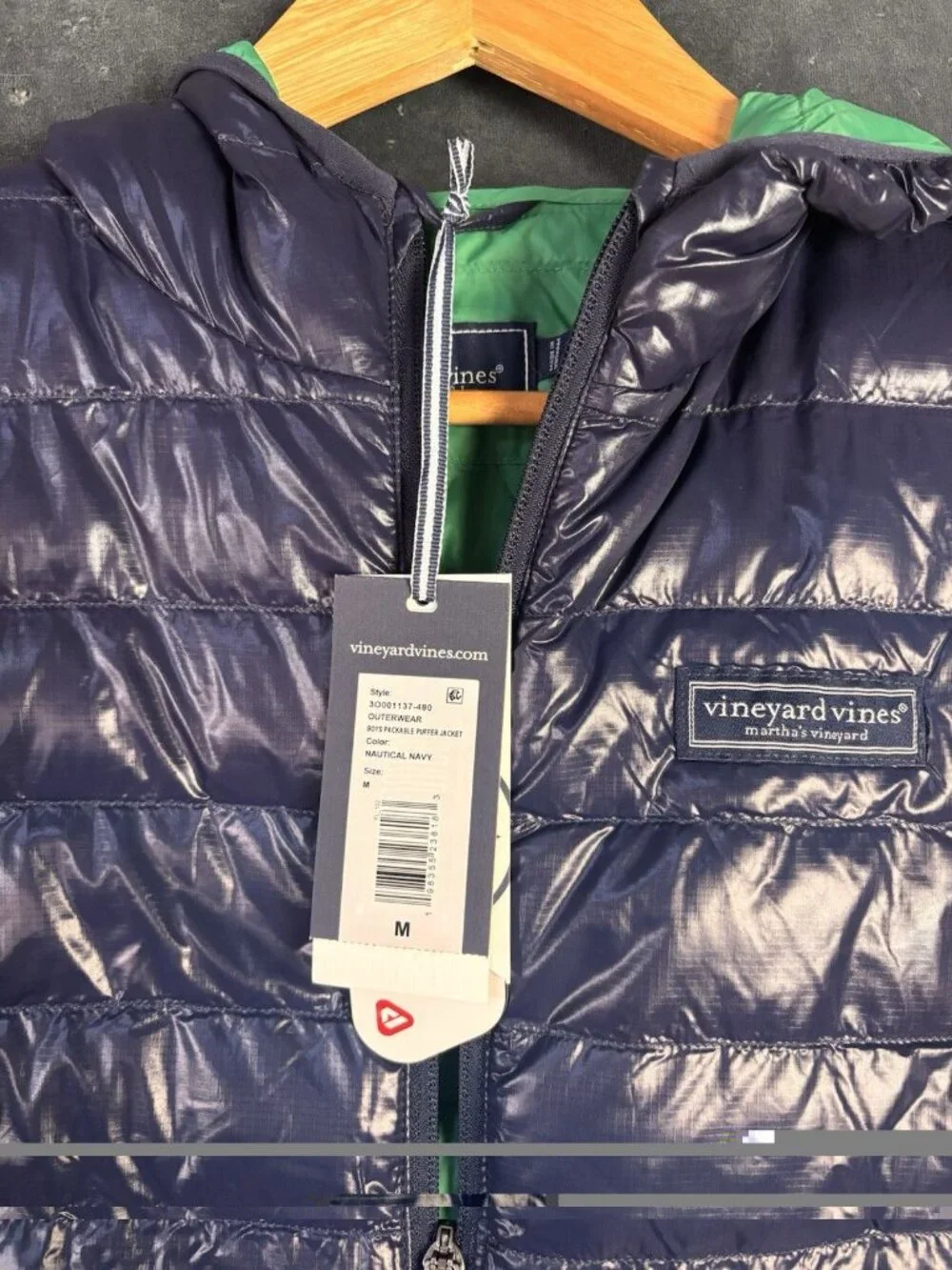 Vineyard Vines Kids Boys Sz M Hooded Puffer Jacket Navy Green Full Zip